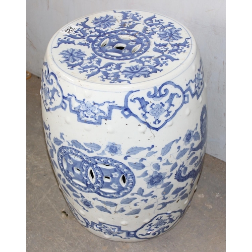 320 - A large 20th century Chinese blue & white pottery garden seat decorated with dragons