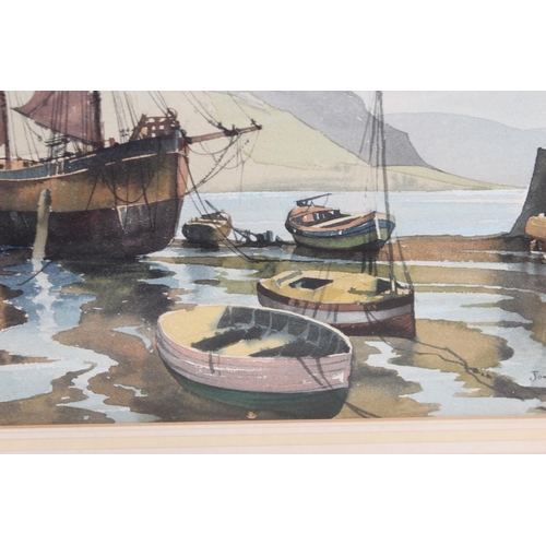 403 - James Priddey (1916-80), watercolour of boats in a harbour, signed lower right