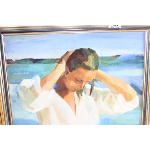 439 - Oil on canvas of a female on the beach, unsigned, 20th century