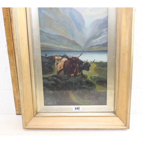 440 - 19th century oil on canvas of Highland cattle near mountains and a loch, in gilt frame, signed indis... 