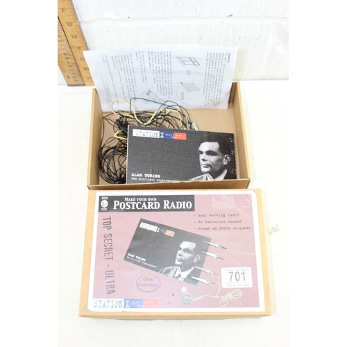 701 - Bletchley Park Alan Turing postcard radio, in box with instructions