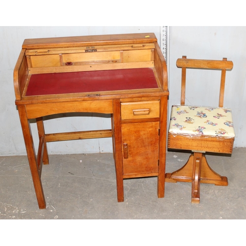 132 - Vintage child's rolltop desk and a wooden chair