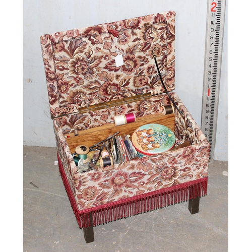 137 - Upholstered needlework box with contents