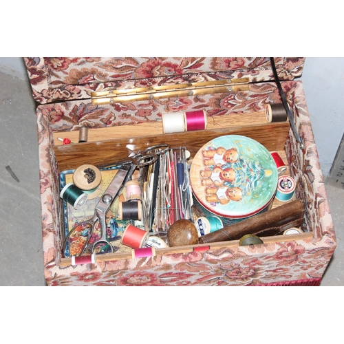 137 - Upholstered needlework box with contents