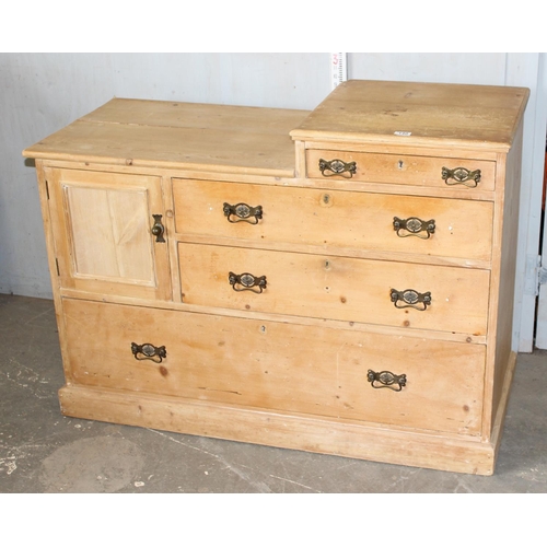 140 - An unusual antique pine chest of drawers with stepped top and Art Nouveau handles