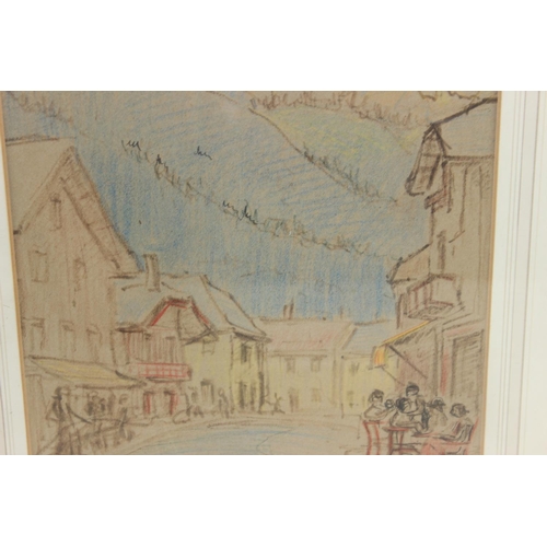 461A - Mid-century pen and ink of a busy street scene, signed lower right Beryl Grant 1950, with Royal Inst... 