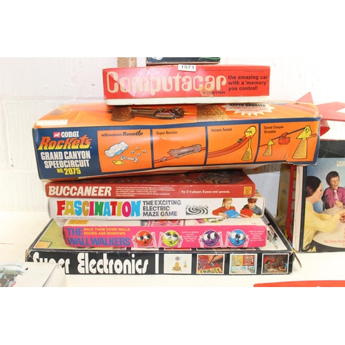 1571 - Qty of assorted vintage boardgames, Corgi Grand Canyon, Polistil Moto Guzzi etc, 2 boxes