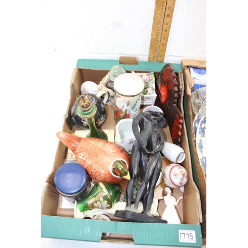 1775 - 2 boxes of assorted misc items to inc Royal Doulton figure, Nao, Chinese vase etc