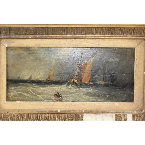 457 - A 19th century oil on board of a sailboat in rough seas, unsigned, in distressed gilt frame