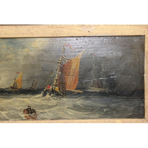 457 - A 19th century oil on board of a sailboat in rough seas, unsigned, in distressed gilt frame