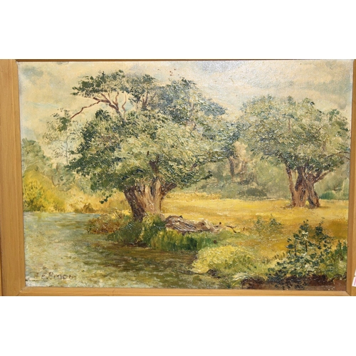 465 - Oil on canvas board depicting trees by a river, indistinctly signed lower left, in impressive antiqu... 