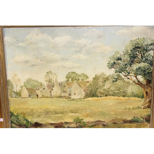 466 - 20th century oil on canvas board depicting Manor house with grounds, unsigned, in gilt frame