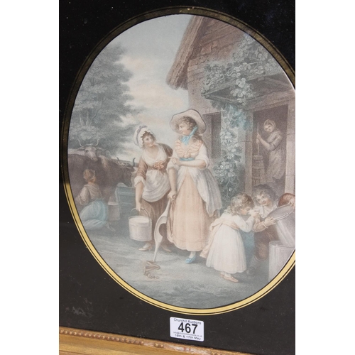 467 - Antique coloured engraving of females with children and cows in verre eglomise frame