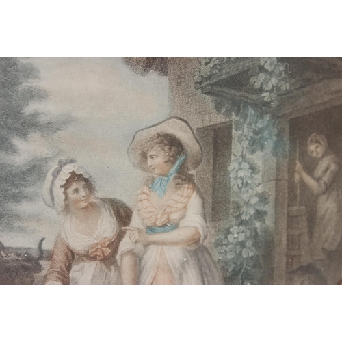 467 - Antique coloured engraving of females with children and cows in verre eglomise frame