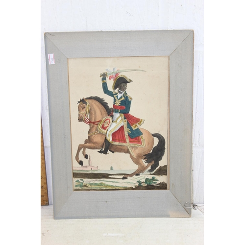 468 - 2 antique coloured prints of soldiers on horseback, one depicting Toussaint Louverture