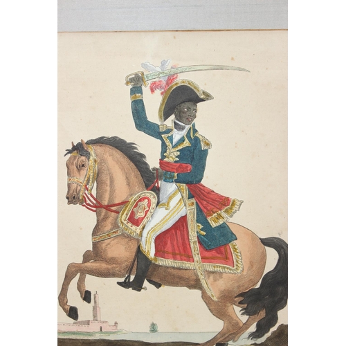 468 - 2 antique coloured prints of soldiers on horseback, one depicting Toussaint Louverture