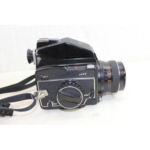 715 - Mamiya M645 camera with 1:2.8 f=80mm lens in original box with boxed Prism finder and a Mamiya-Sekor... 