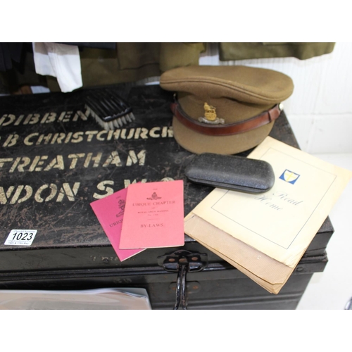 1023 - A large qty of assorted uniform, caps, paperwork in original tin trunk relating to Major A.F. Dibben... 