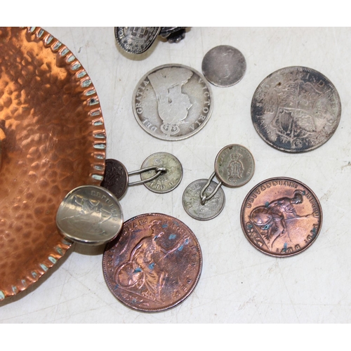 1327 - An interesting copper coin mounted dish, 19th century coins etc