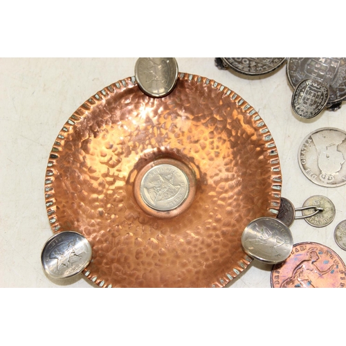 1327 - An interesting copper coin mounted dish, 19th century coins etc