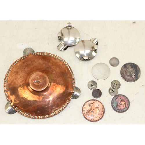 1327 - An interesting copper coin mounted dish, 19th century coins etc