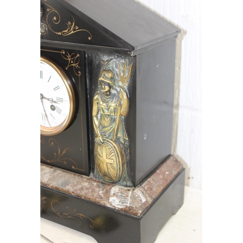 1418 - A large antique slate cased mantle clock with key and pendulum, the case mounted with gilt figures o... 