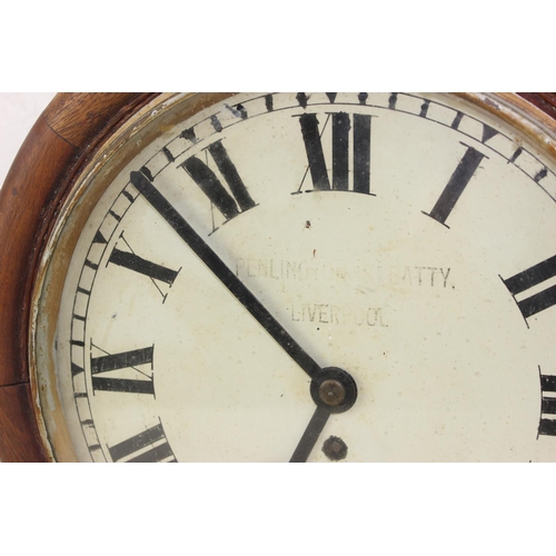 1421 - An antique round Mahogany cased wall clock with fusee movement, dial marked for Penlington & Batty o... 