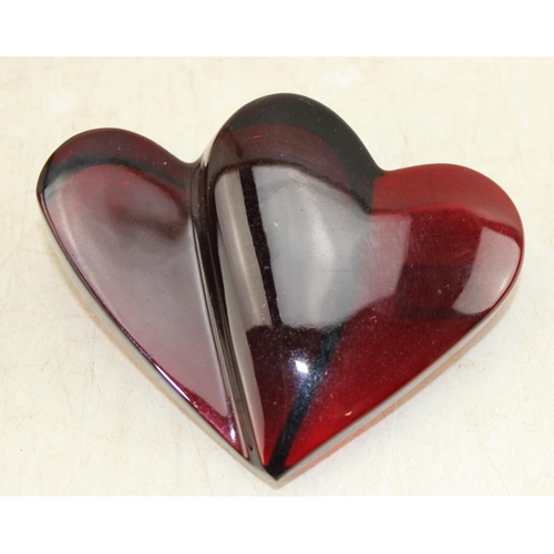 1680 - A Baccarat red glass double heart shaped paperweight, signed and labelled