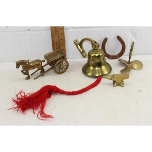 1847 - Qty of interesting brass items to inc wall bell, anvil, horse and cart etc