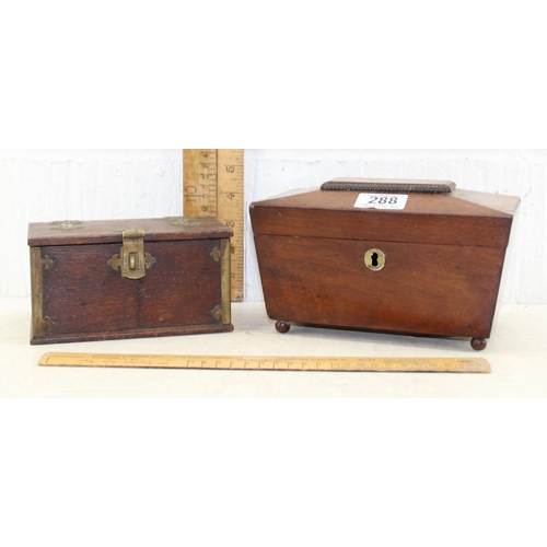 288 - An antique Rosewood sarcophagus tea caddy & a small Gothic Revival box with brass straps (2)