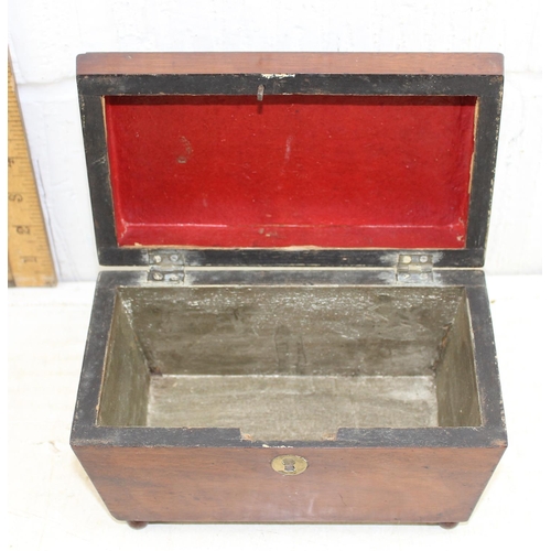 288 - An antique Rosewood sarcophagus tea caddy & a small Gothic Revival box with brass straps (2)