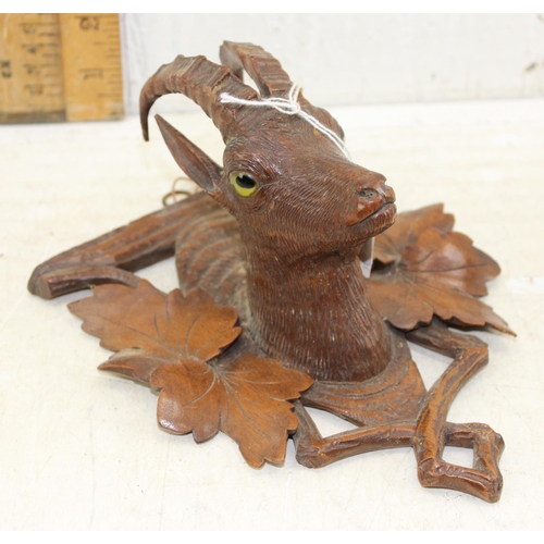 290 - Antique Black Forest carved wooden wall plaque formed as an Ibex with glass eyes and a house box