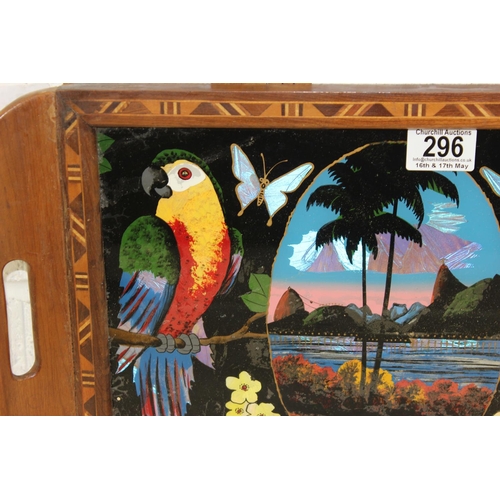 296 - An early 20th century Brazilian butterfly wing tray decorated with parrots