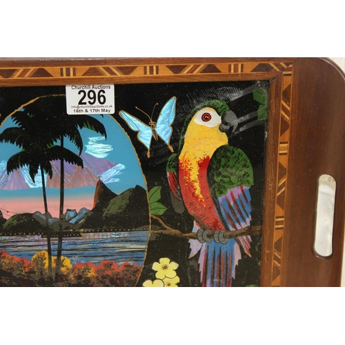 296 - An early 20th century Brazilian butterfly wing tray decorated with parrots