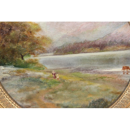 474 - An antique oil on canvas board depicting figures in a highland landscape, in circular gilt frame