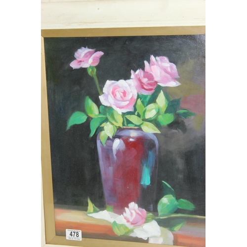 478 - Russian School oil on canvas board, still life of roses in a vase, unsigned, in vintage white painte... 