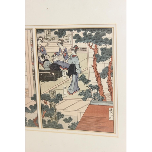 485 - A Japanese woodblock print of geisha, likely early 20th century and a reproduction Japanese woodbloc... 