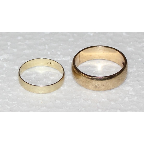 1226 - 2 9ct gold wedding bands, one approx size R & 5.5g & L & 1.2g (approx 6.7g gross)