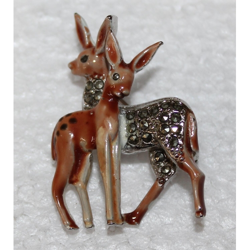 1229 - An unusual retro marcasite and enamel brooch formed as 2 deer, in antique leather box