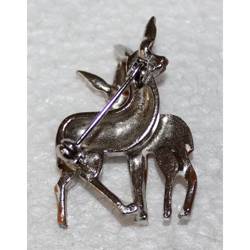 1229 - An unusual retro marcasite and enamel brooch formed as 2 deer, in antique leather box