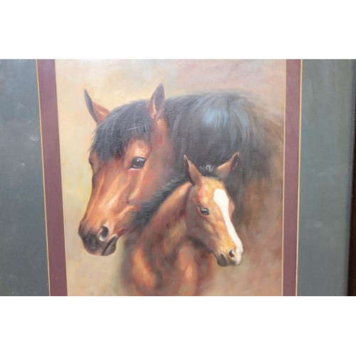 480 - Oil on canvas board of a horse with foal, unsigned, 20th century, in wooden frame