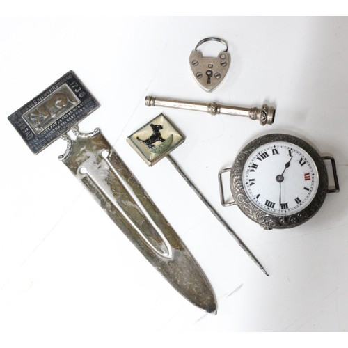 1185 - Early 20th century silver cased wrist watch, Canadian silver bookmark, Essex crystal style stick pin... 