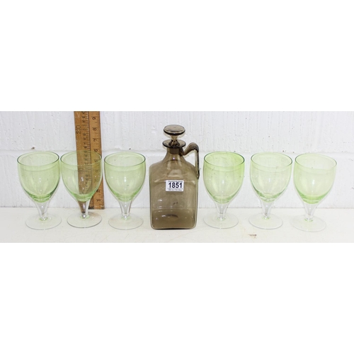 1851 - A set of 6 green retro wine glasses and a retro glass decanter