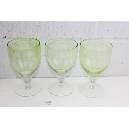 1851 - A set of 6 green retro wine glasses and a retro glass decanter