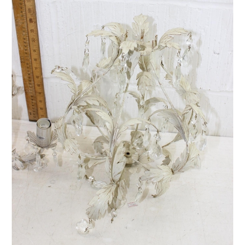 268 - 2 acanthus leaf design painted metal light fittings with faceted drops