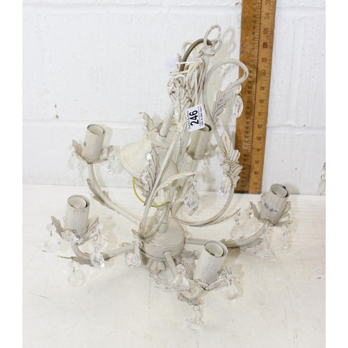 268 - 2 acanthus leaf design painted metal light fittings with faceted drops