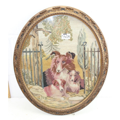 500 - An antique woolwork tapestry panel depicting dogs in gilt oval frame & a pair of vintage gilt framed... 