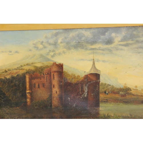 498 - An antique oil on canvas of a castle and moat, seemingly unsigned, in highly decorative antique gilt... 