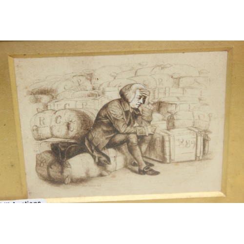 503 - F. Meissonier (XIX), a small gilt framed pencil of a pensive male figure in a store room, signed in ... 