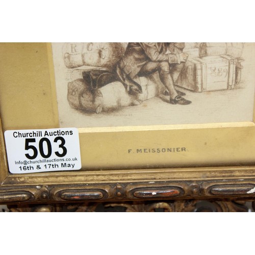 503 - F. Meissonier (XIX), a small gilt framed pencil of a pensive male figure in a store room, signed in ... 